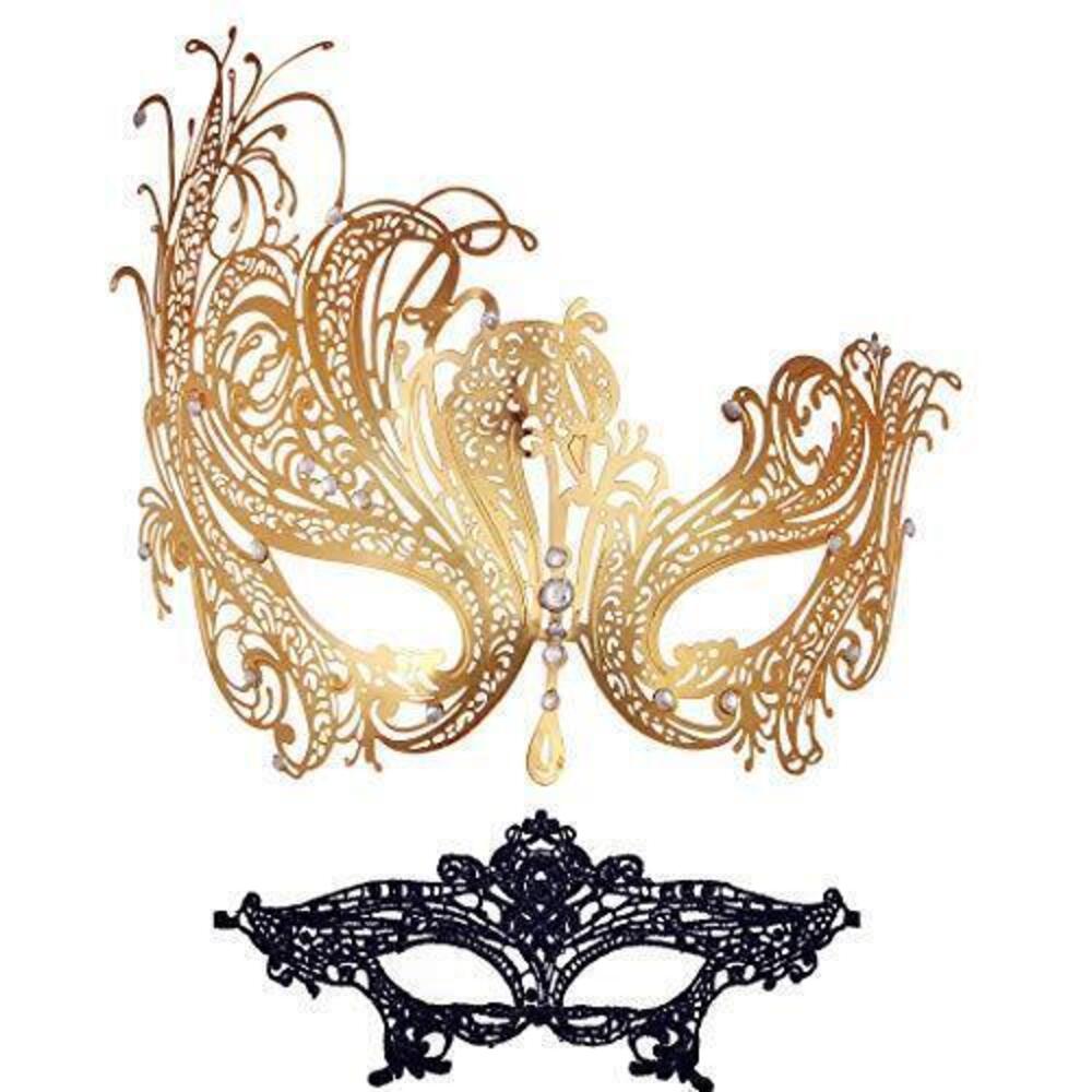 3203 Couple Masquerade Mask Set Venetian Metal Mask with Stick &